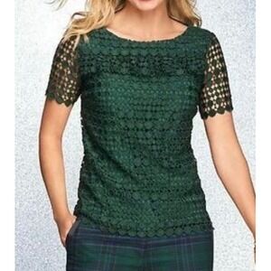 RSVP by TALBOTS NWT Hunter Green Dot Lace Ruffle Top X $149 Tie Backs